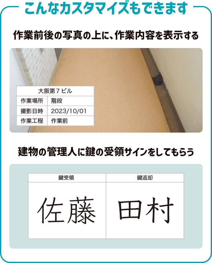 こんなカスタマイズもできます。・作業前後の写真の上に、作業内容を表示する。・建物の管理人に鍵の受領サインをしてもらう